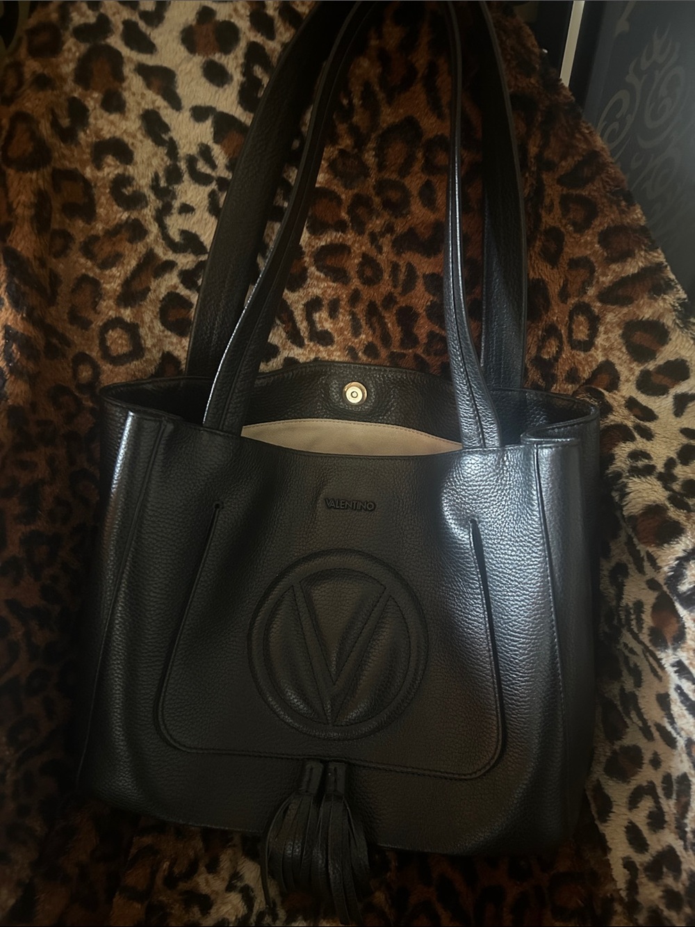 Valentino Black Pebbled Leather Tote with Tassel Accent